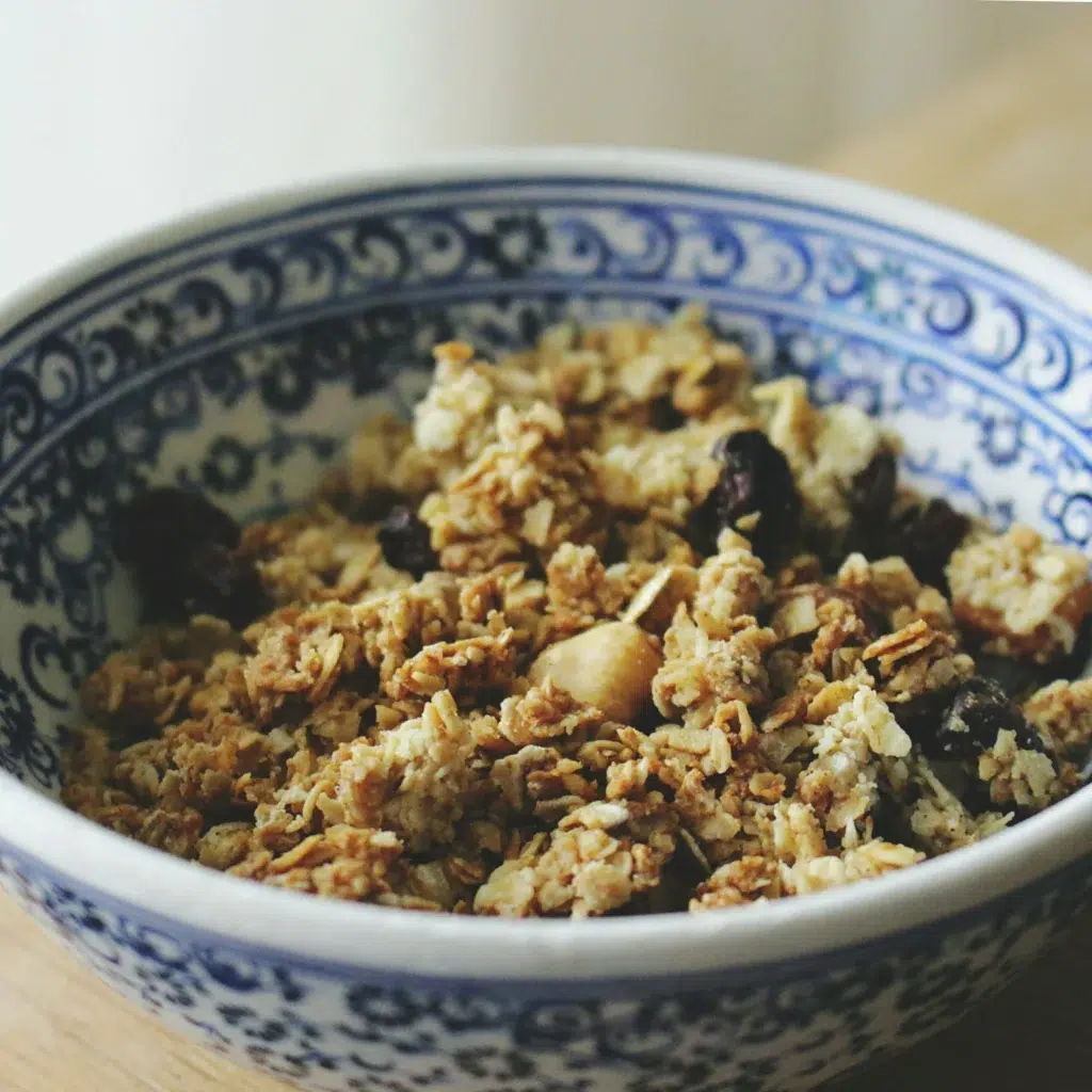 Petit-déjeuner riche en fer : céréales complètes aux noix et raisins secs